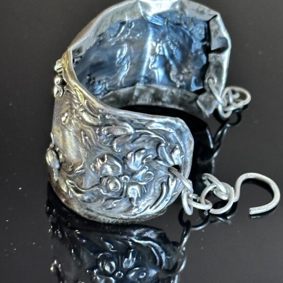 Antique Sterling Silver Cuff Bracelet Floral Art Nouveau Lady Face Victorian 925 - Picture 7 of 8